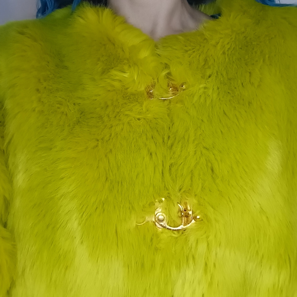 Chartreuse Faux Fur Coat with Teal Satin Lining. - Picture 8 of 8